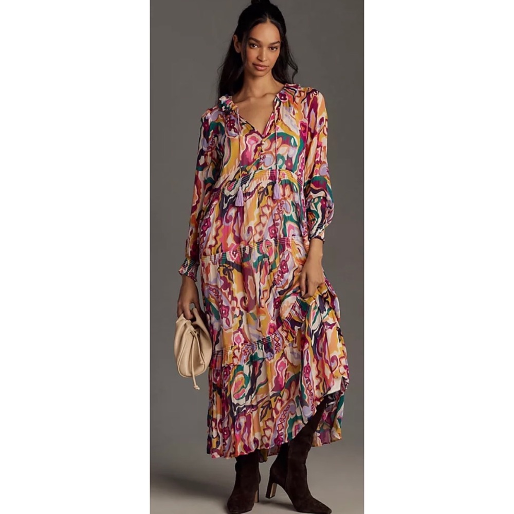 Anthropologie Marais Vibrant Abstract Tiered Maxi Dress - WITH SLIP - Picture 6 of 11